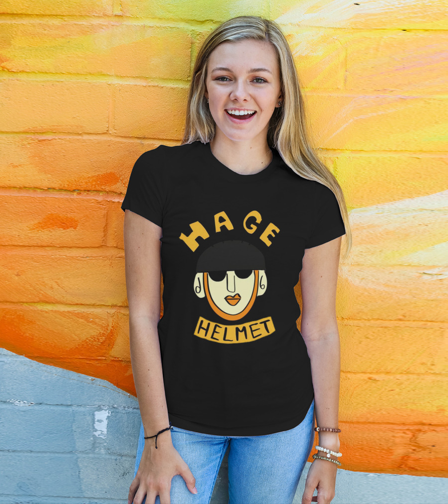 HAGE Helmet Face Black Cap Bold Lettering T-Shirt