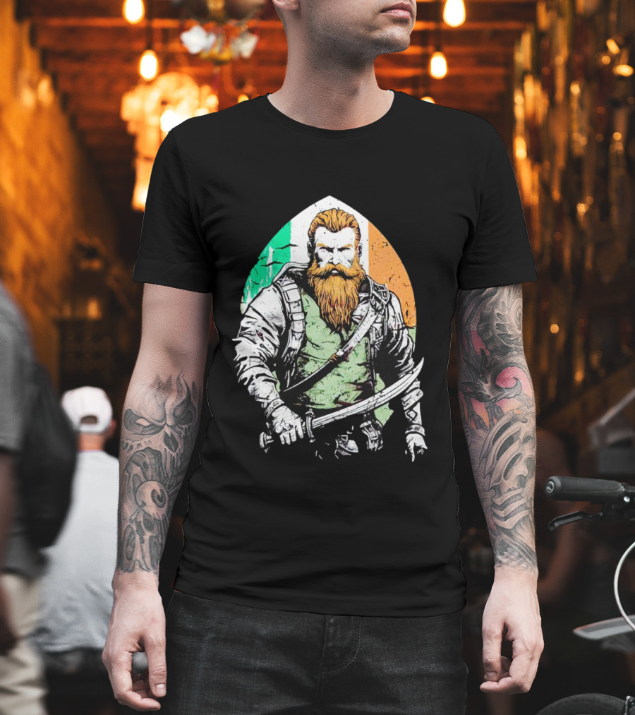 Irish American Pride Warrior With Sword And Flag Background T-Shirt