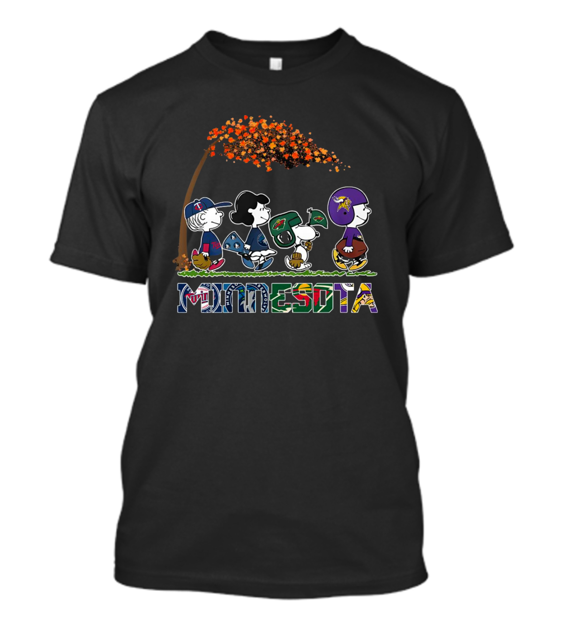 Minnesota Peanuts Characters In Sports Attire Walking Under Autumn Tree T-Shirt