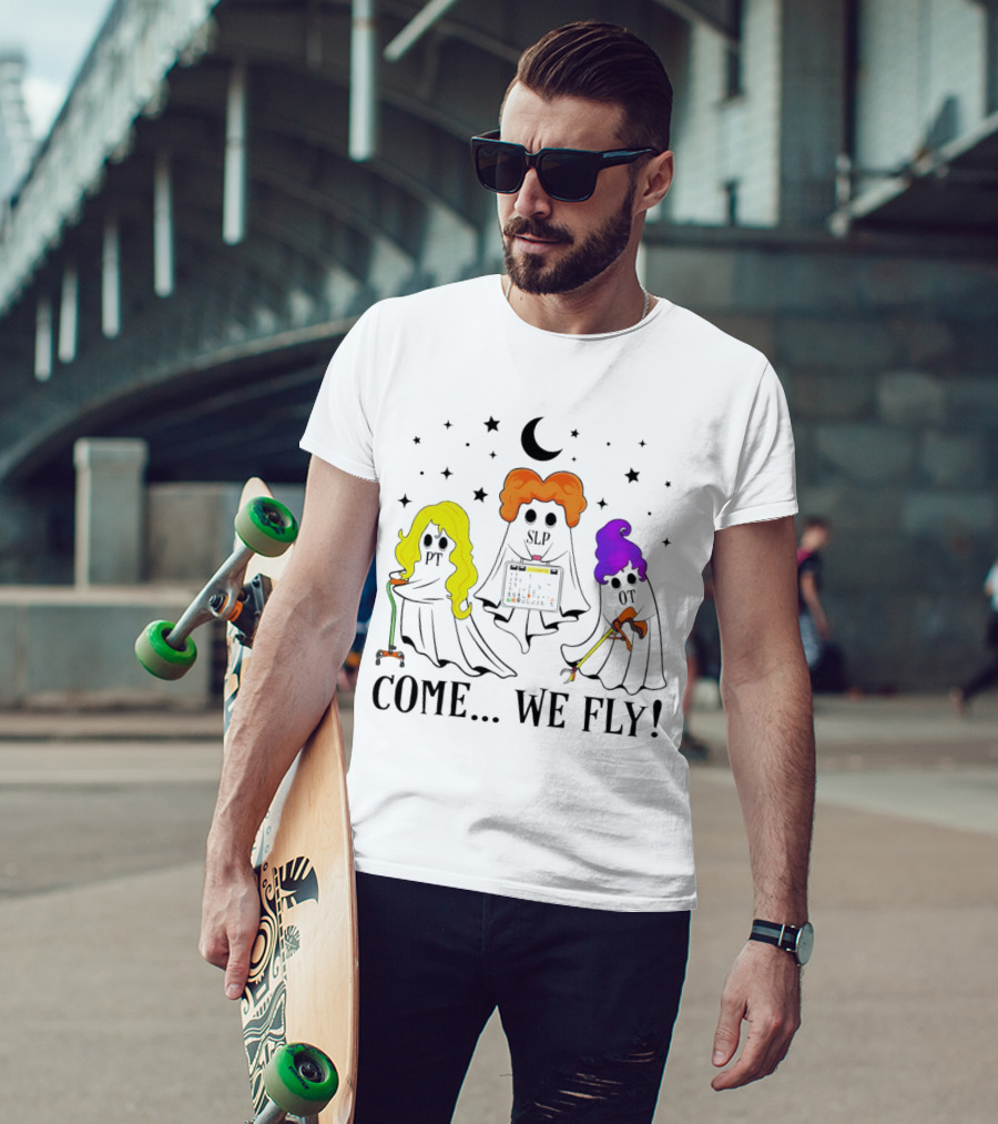 Hocus Pocus Come We Fly PT SLP OT Halloween Ghosts Black Cloaks Moon Stars T-Shirt