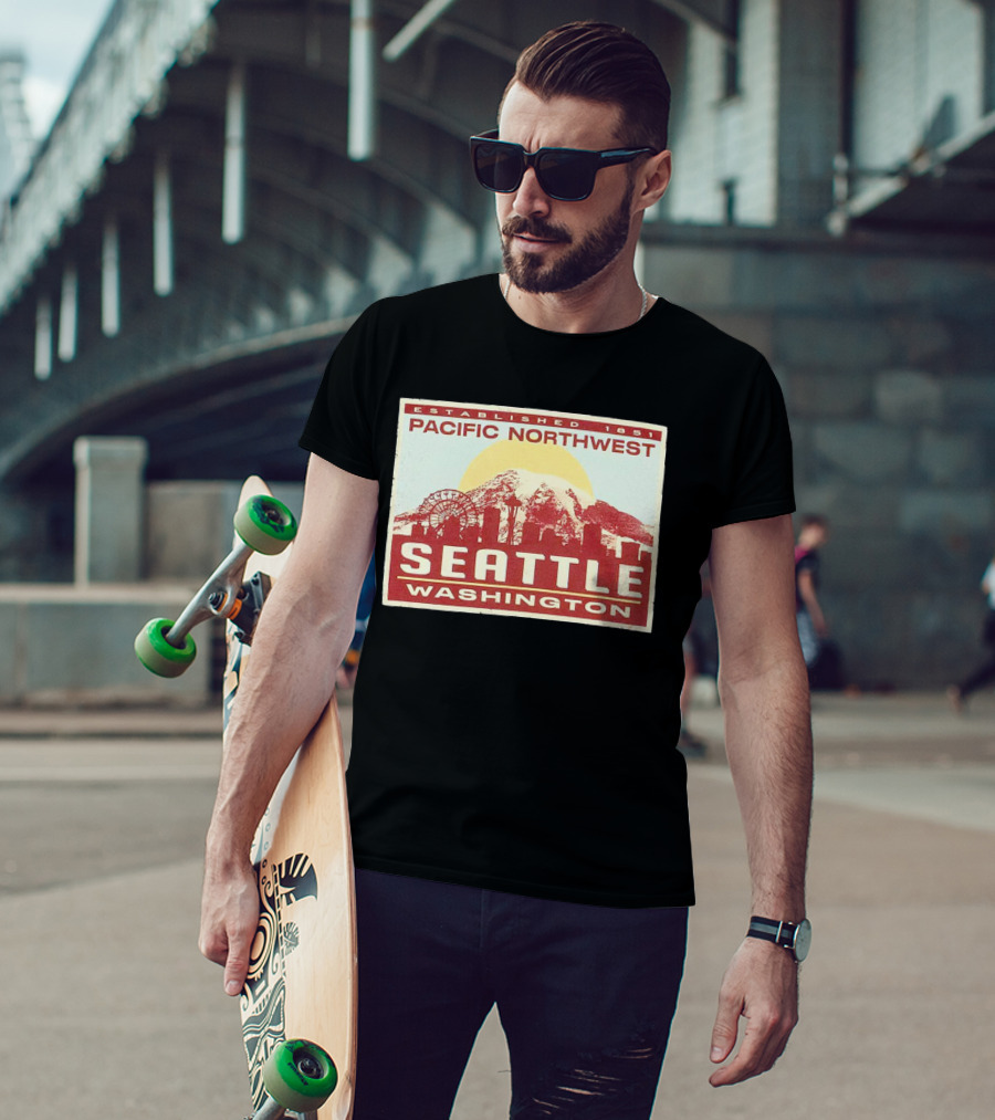 Seattle Pacific Northwest Established 1851 Washington Skyline Ferris Wheel Sun Mountain T-Shirt