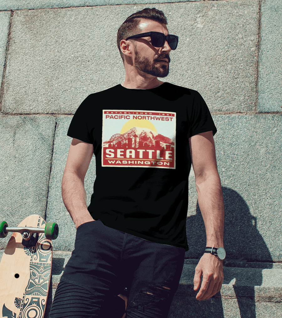 Seattle Pacific Northwest Established 1851 Washington Skyline Ferris Wheel Sun Mountain T-Shirt