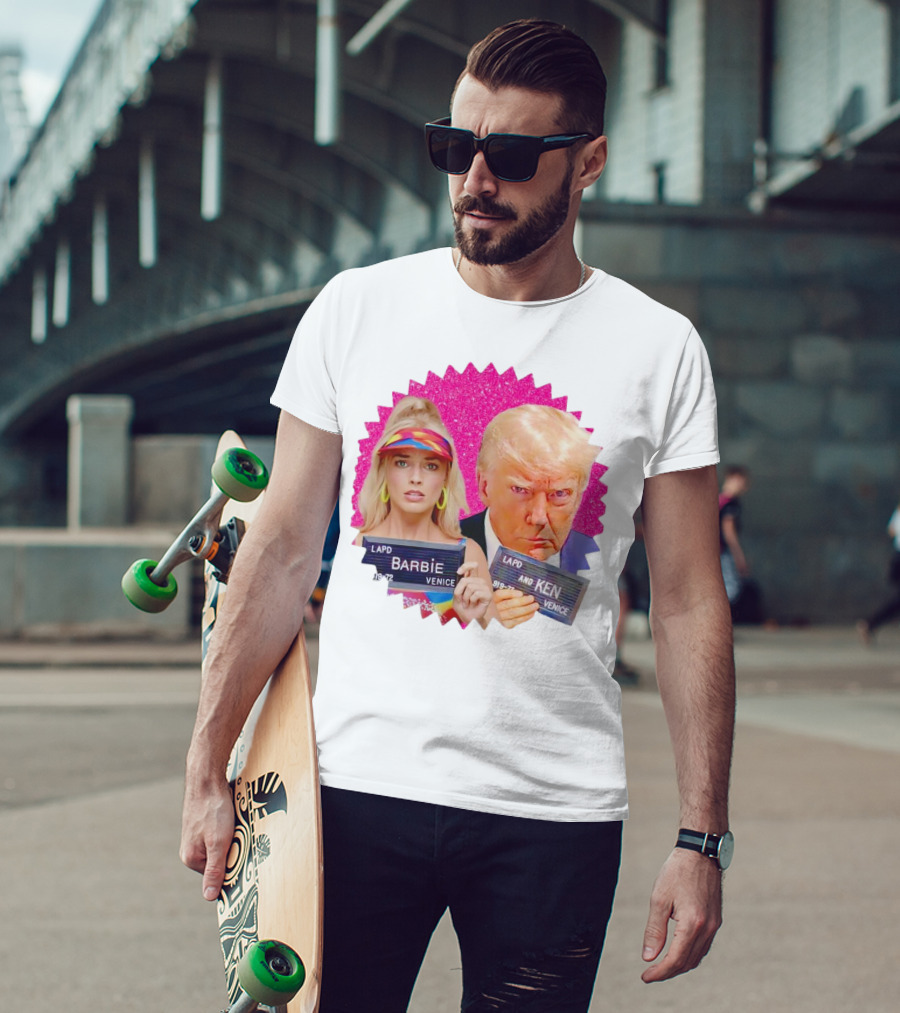 LAPD Barbie Ken Mugshot Venice Glam Glitter Background T-Shirt
