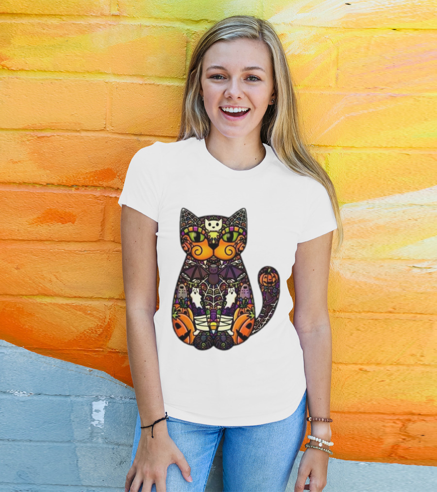 Halloween Cat With Pumpkins Ghosts And Bats T-Shirt