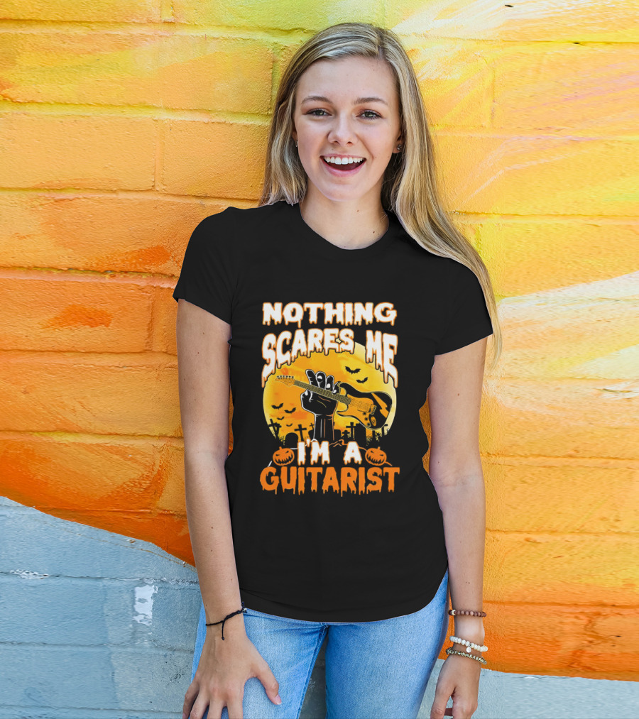 Nothing Scares Me I'm A Guitarist Music Vintage Halloween Graveyard Scene Guitar Hand Pumpkins Bats T-Shirt