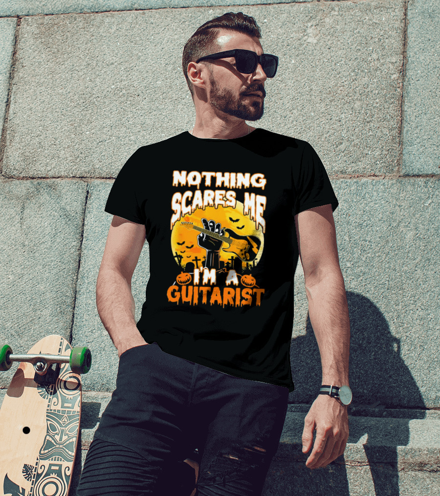 Nothing Scares Me I'm A Guitarist Music Vintage Halloween Graveyard Scene Guitar Hand Pumpkins Bats T-Shirt