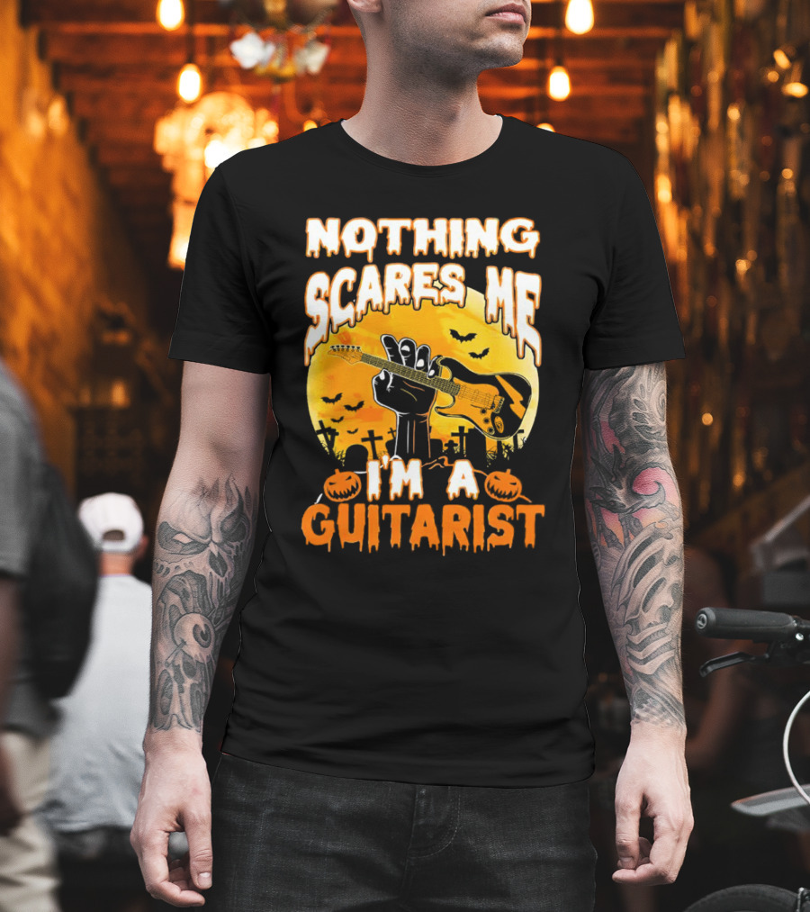 Nothing Scares Me I'm A Guitarist Music Vintage Halloween Graveyard Scene Guitar Hand Pumpkins Bats T-Shirt