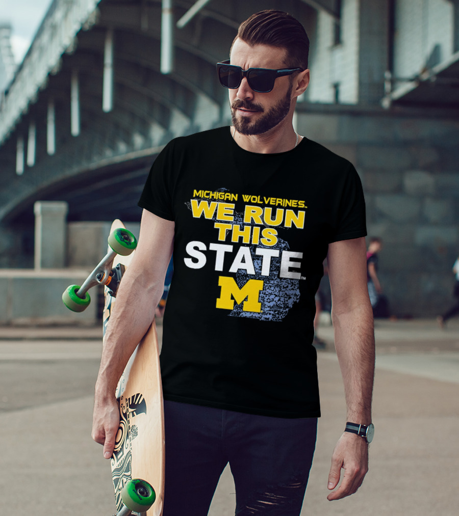 Michigan Wolverines We Run This State M Logo Michigan Map T-Shirt