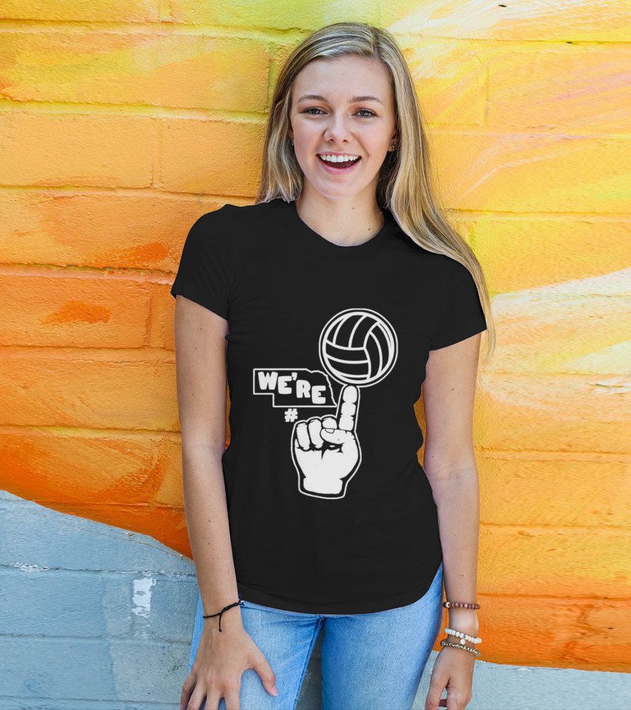 We're Number One Nebraska Volleyball Finger Gesture And Volleyball Map T-Shirt