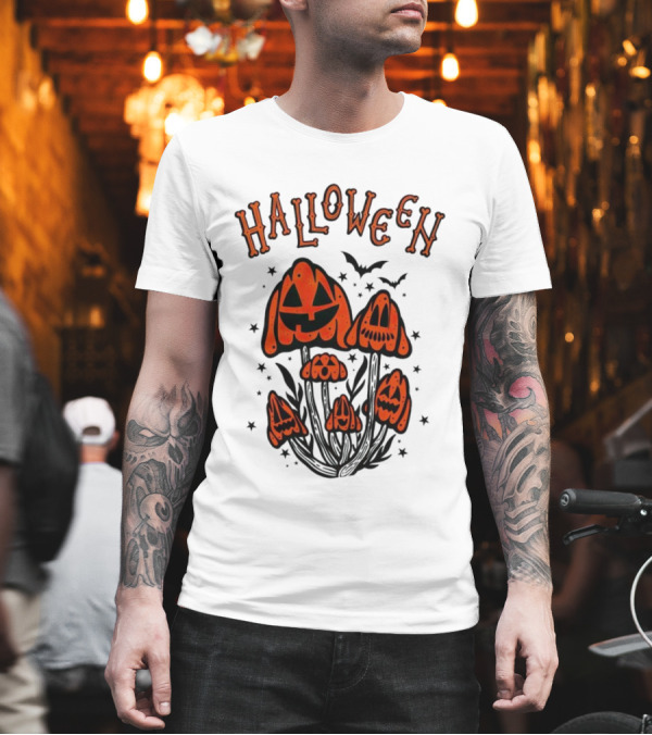 Halloween Pumpkin Mushrooms with Bats and Stars T-Shirt Halloween Pumpkin Mushrooms with Bats and Stars T-Shirt