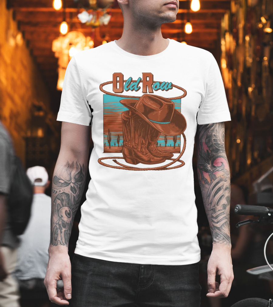 Old Row Western Cowboy Boots and Hat Desert Scene T-Shirt