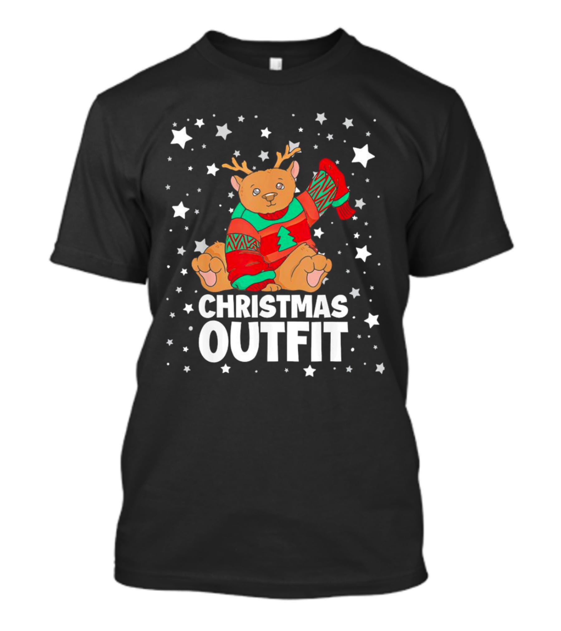 Bear Reindeer Christmas Outfit With Festive Sweater And Stars T-Shirt