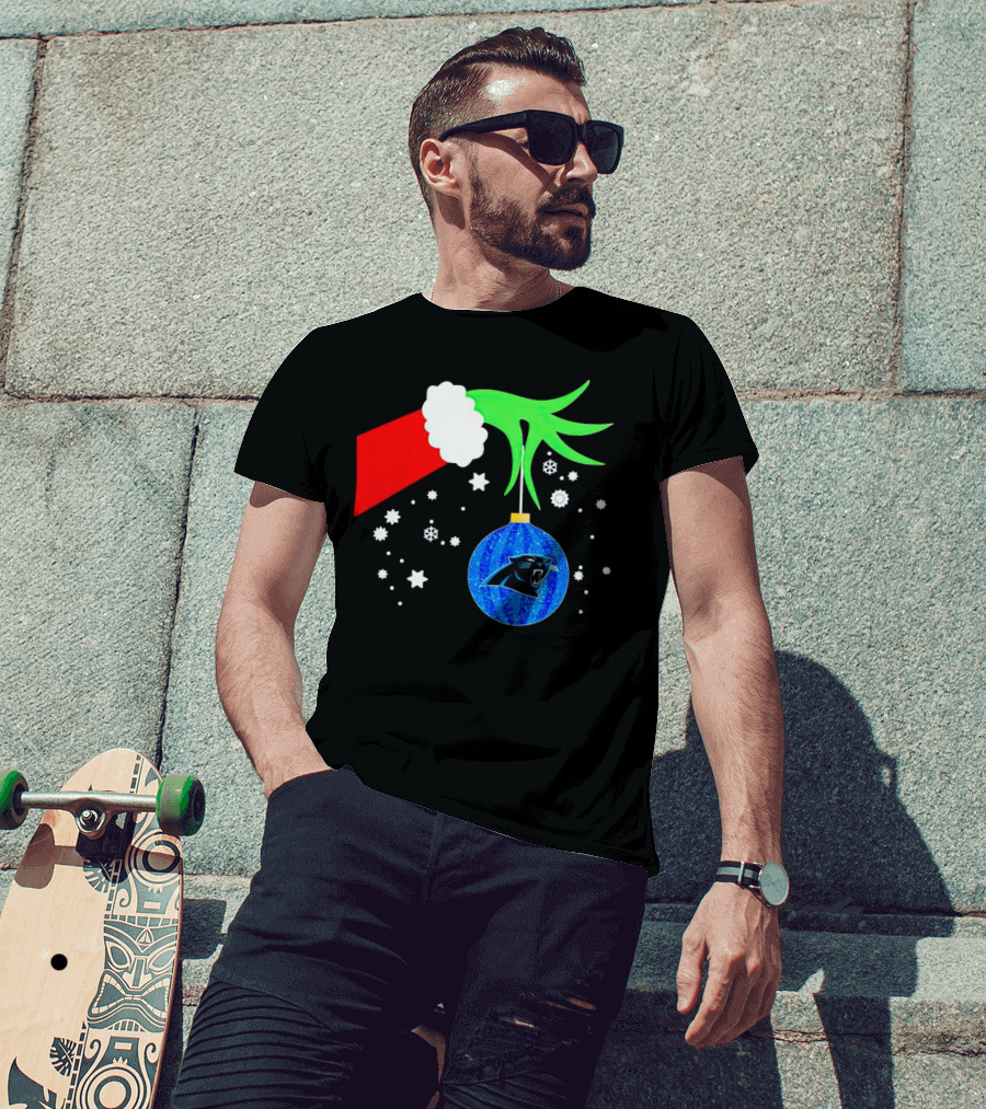 The Grinch Holding Carolina Panthers Christmas Ornament With Snowflakes T-Shirt