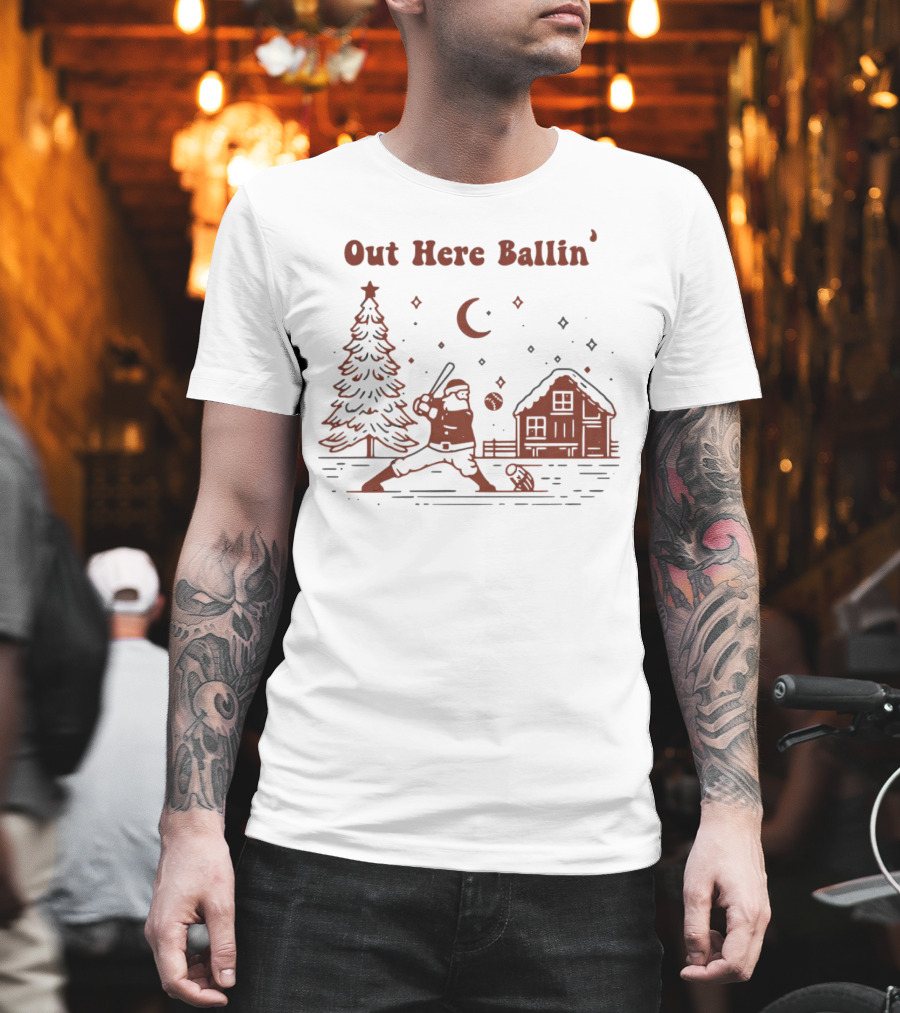 Out Here Ballin' Santa Playing Baseball Christmas Scene T-Shirt