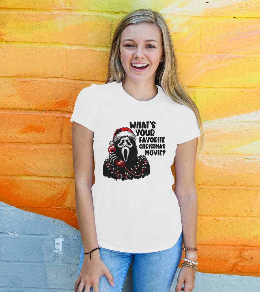 Ghostface What's Your Favorite Christmas Movie Festive Horror Santa Hat Phone Lights T-Shirt