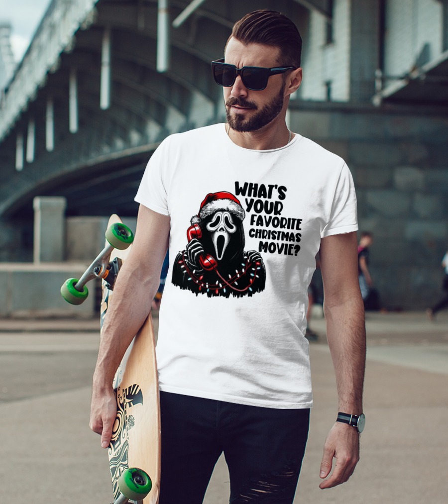Ghostface What's Your Favorite Christmas Movie Festive Horror Santa Hat Phone Lights T-Shirt