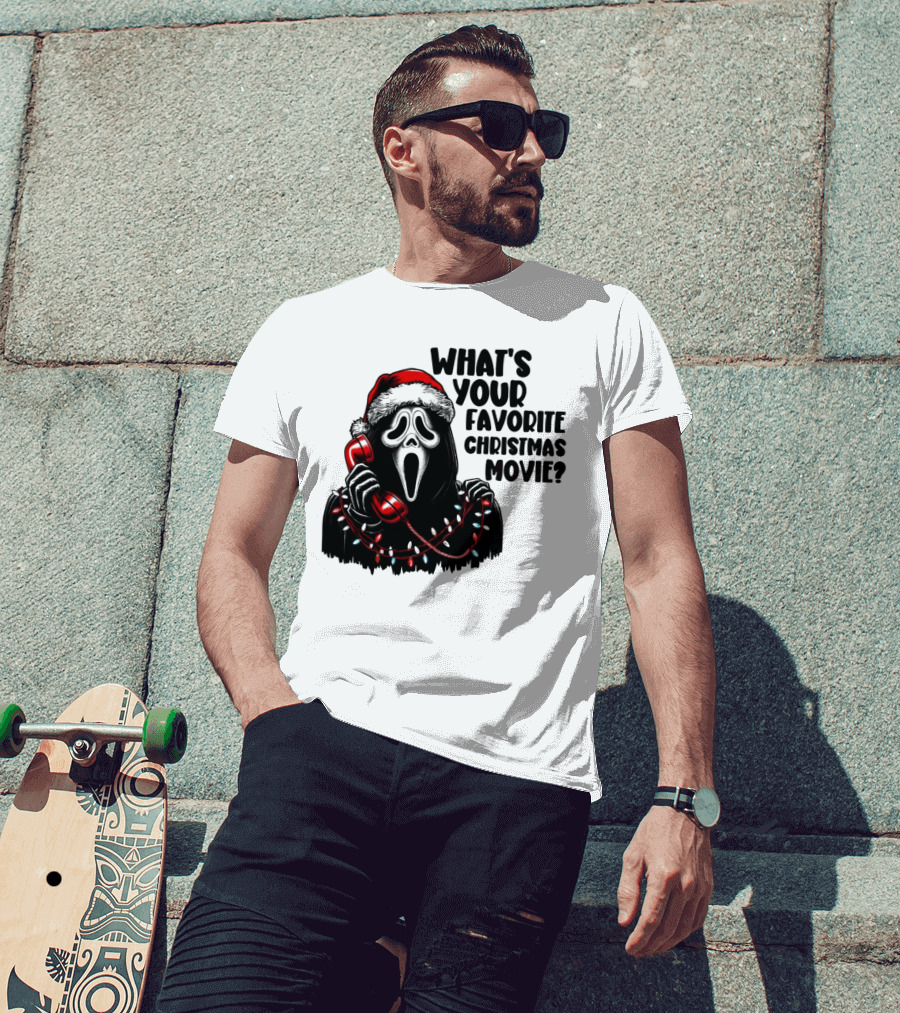 Ghostface What's Your Favorite Christmas Movie Festive Horror Santa Hat Phone Lights T-Shirt