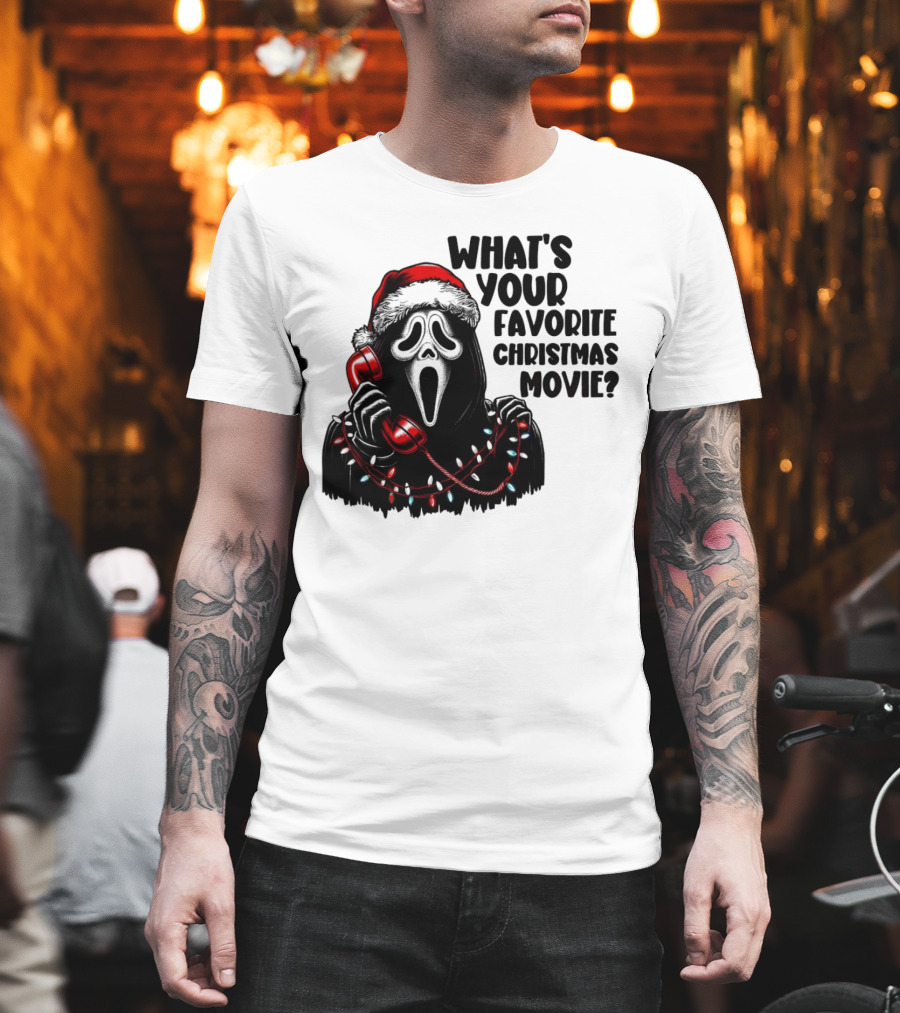 Ghostface What's Your Favorite Christmas Movie Festive Horror Santa Hat Phone Lights T-Shirt