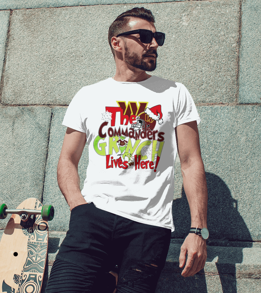 Washington Commanders Grinch Lives Here Christmas Football Holiday Cheer T-Shirt