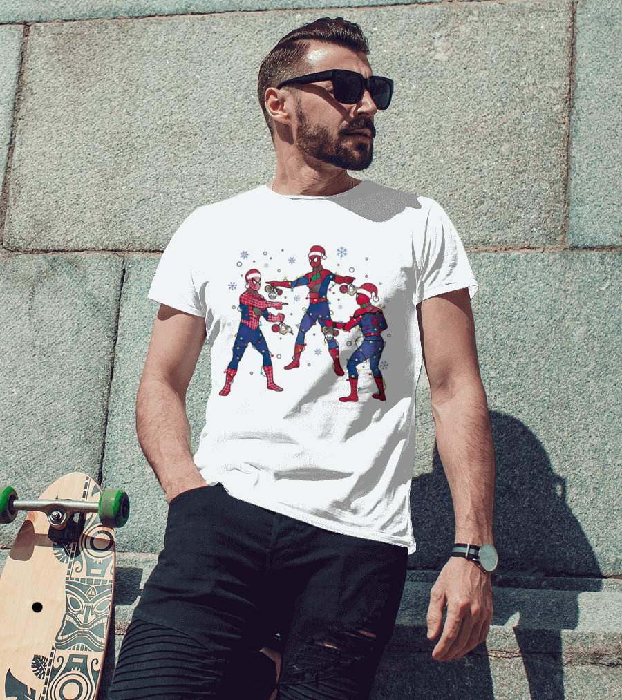 Funny Marvel Three Spiderman Meme Santa Christmas Lights Snowflakes T-Shirt