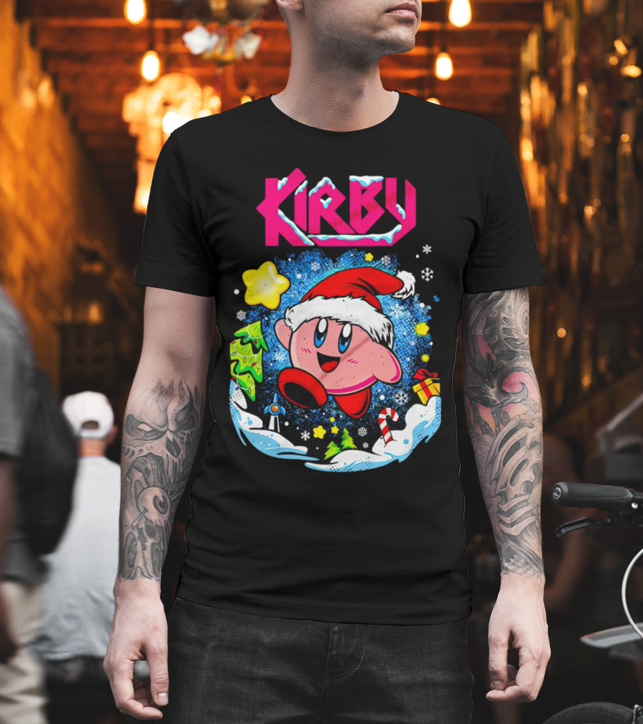 Kirby Holiday Snow Adventure with Kreator Style Santa Hat and Winter Delights T-Shirt