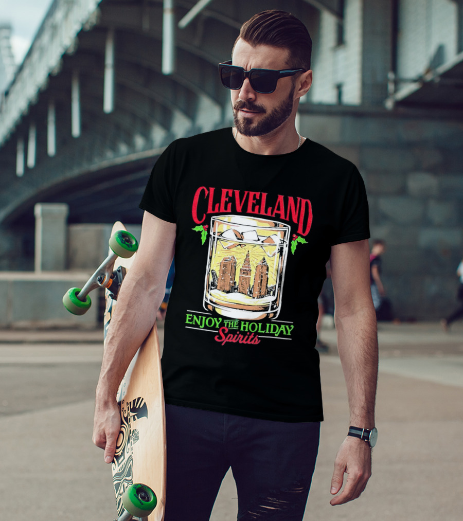 Cleveland Skyline In Whiskey Glass Enjoy The Holiday Spirits T-Shirt