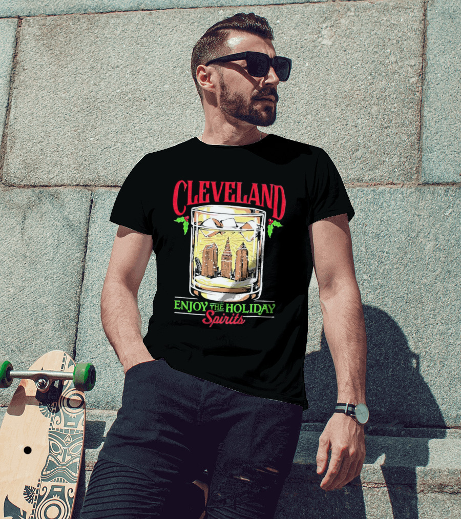 Cleveland Skyline In Whiskey Glass Enjoy The Holiday Spirits T-Shirt