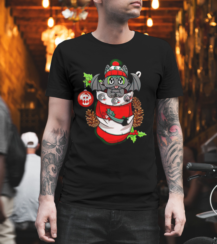 Baby Dragon Holiday Stocking With Skull Ornament And Pinecones T-Shirt