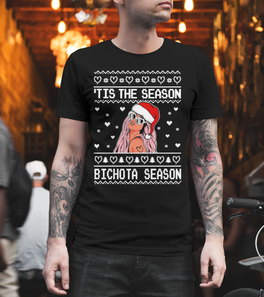 Bichota Season 'Tis the Season Christmas Santa Hat Hearts and Snowflakes T-Shirt