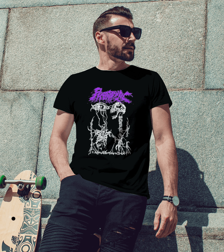 Phobophilic Eye To Eye Skeleton Skull Art Purple Text T-Shirt