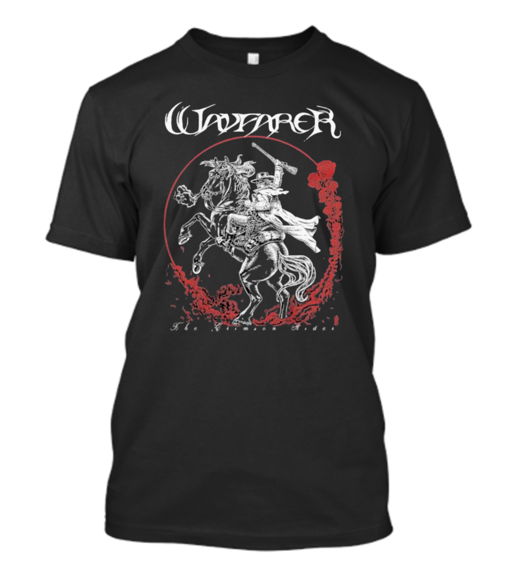 Wayfarer The Crimson Rider Vintage Western Hero On Horseback With Red Cloud Motif T-Shirt