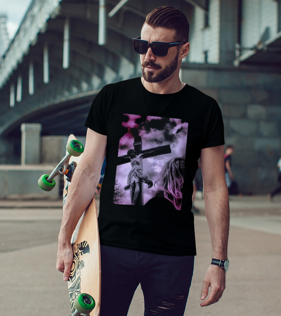 Zakk Wylde Jesus Crucifixion Image With Dark Sky And Blonde Hair Motif T-Shirt