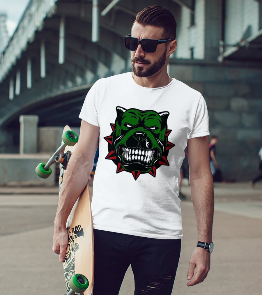 Angry Pitbull With Green Face And Red Spiked Collar Merry Christmas T-Shirt