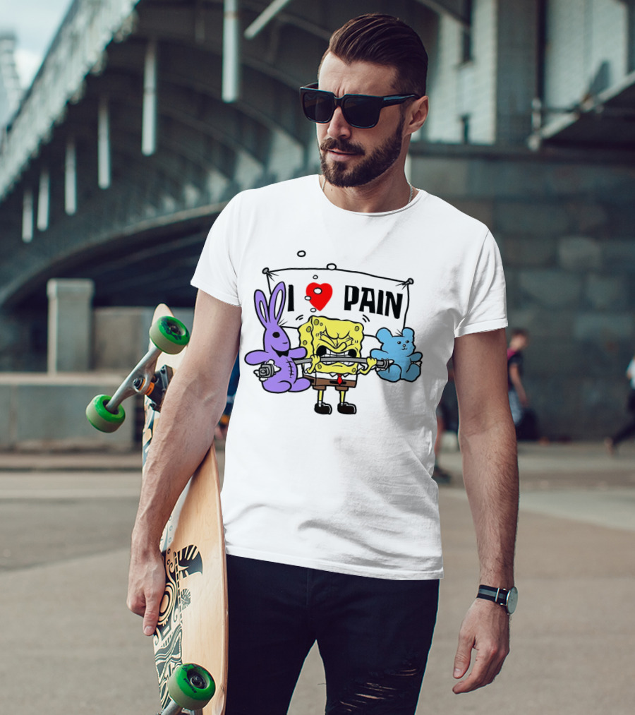 SpongeBob I Love Pain Weightlifting With Purple Bunny And Blue Bear T-Shirt