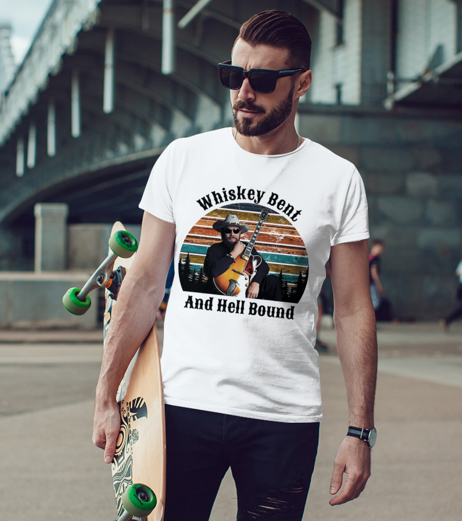 Whiskey Bent And Hell Bound Cowboy With Guitar Retro Sunset T-Shirt