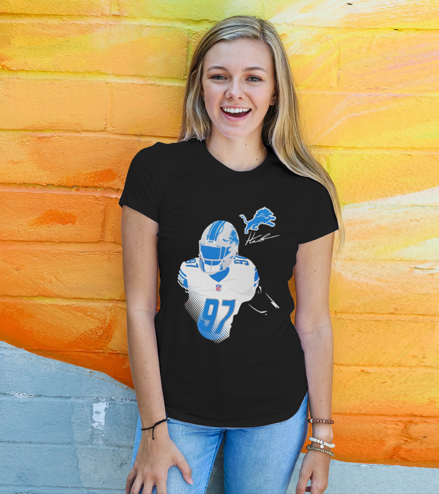Aidan Hutchinson Detroit Lions Player Signature 97 NFL Logo Lions Helmet T-Shirt
