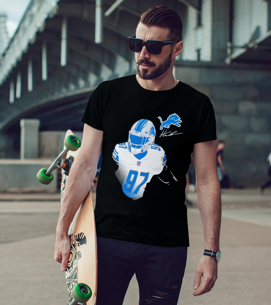 Aidan Hutchinson Detroit Lions Player Signature 97 NFL Logo Lions Helmet T-Shirt