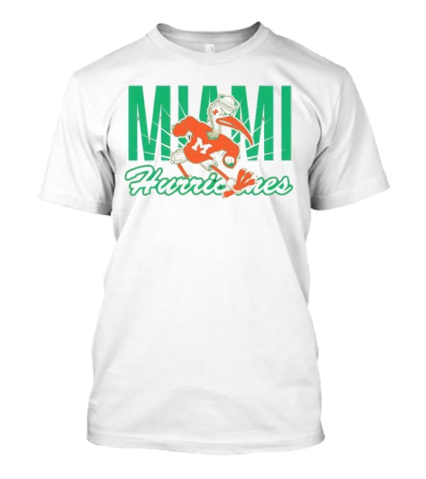 Miami Hurricanes Sebastian The Ibis Mascot With Bold Lettering T-Shirt