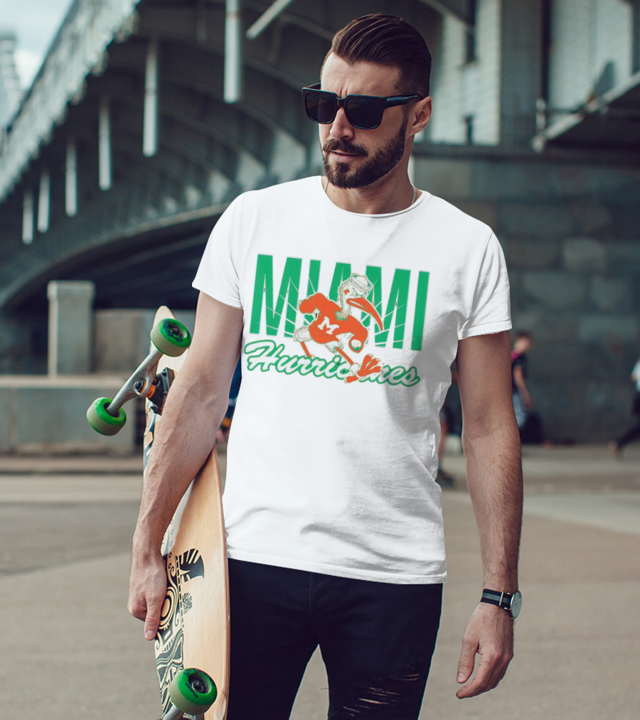 Miami Hurricanes Sebastian The Ibis Mascot With Bold Lettering T-Shirt