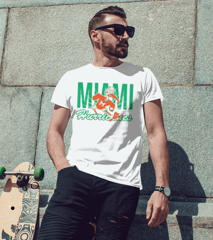 Miami Hurricanes Sebastian The Ibis Mascot With Bold Lettering T-Shirt