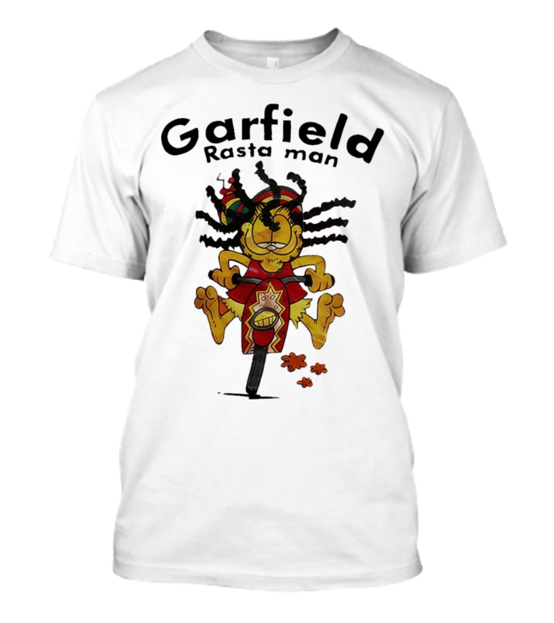 Garfield Rasta Man Dreadlocks Bicycle Whimsical Fun T-Shirt
