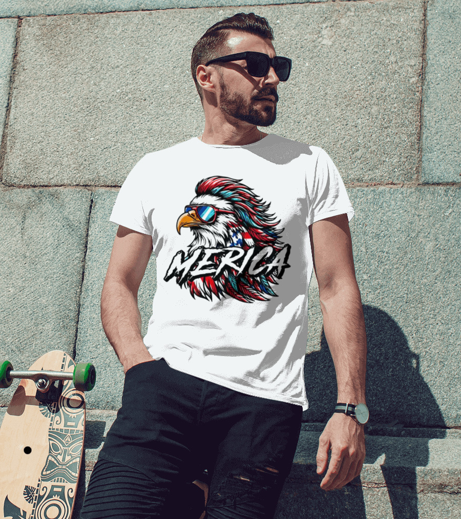 Merica Mullet Eagle With Patriotic Sunglasses And Americana Colors T-Shirt