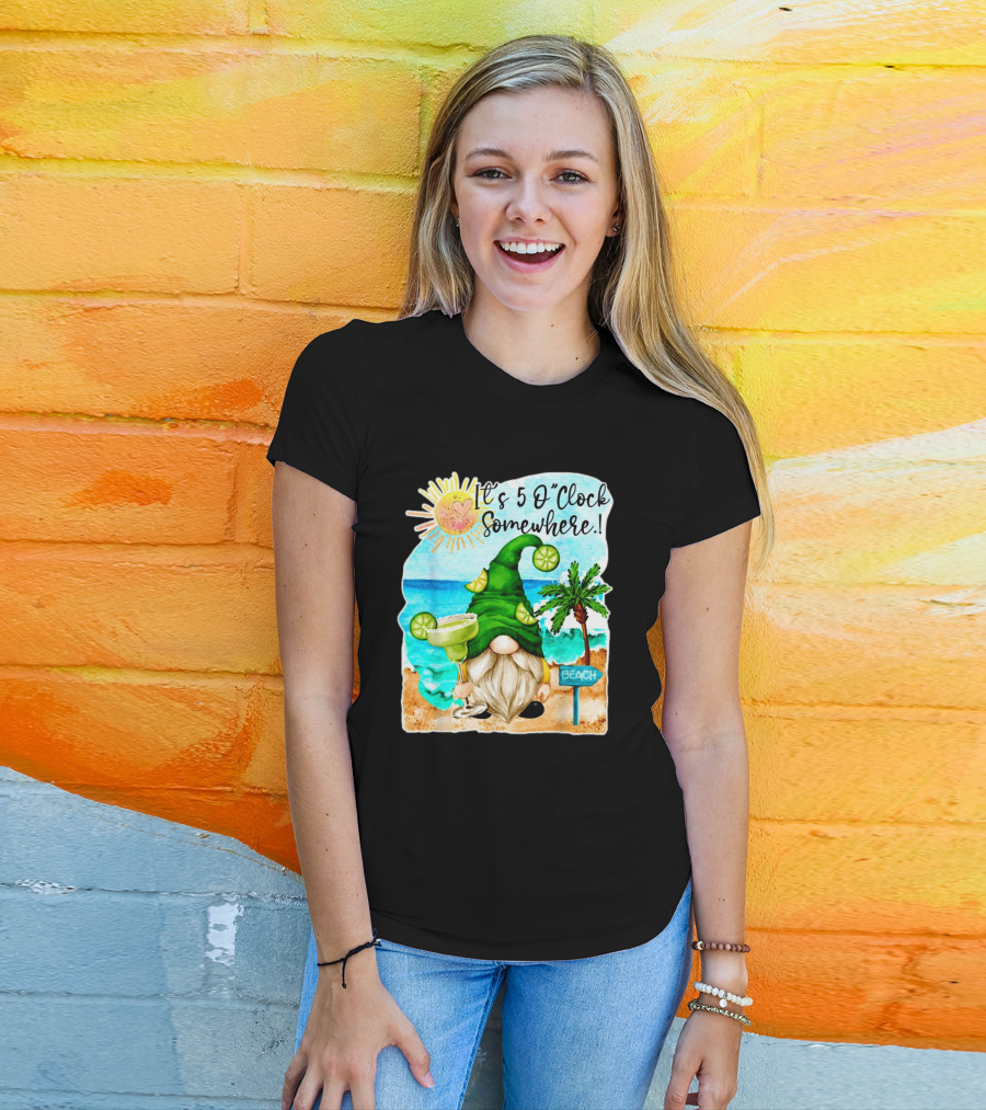 It's 5 O'Clock Somewhere Margarita Gnome Beach Palm Trees T-Shirt