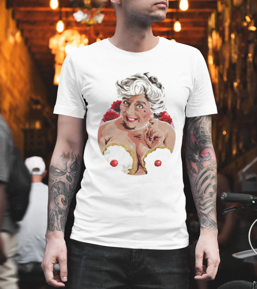 Nordacious Miriam Margolyes Humorous Portrait with Cakes and Roses T-Shirt
