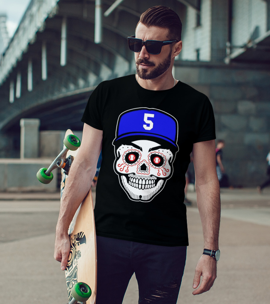 Freddie Freeman Sugar Skull Design Los Angeles Dodgers Number 5 Baseball Cap T-Shirt