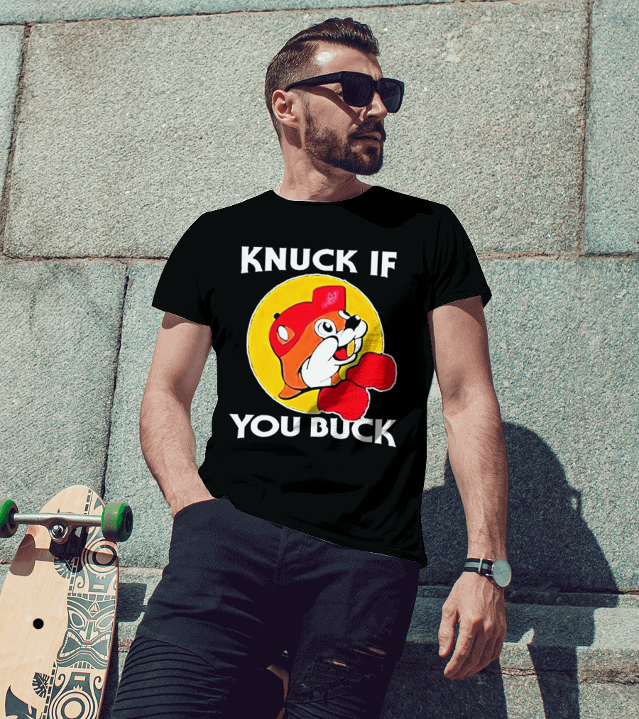 Knuck If You Buck Buc Ees Logo Red Cap Yellow Circle Boxing Gloves T-Shirt