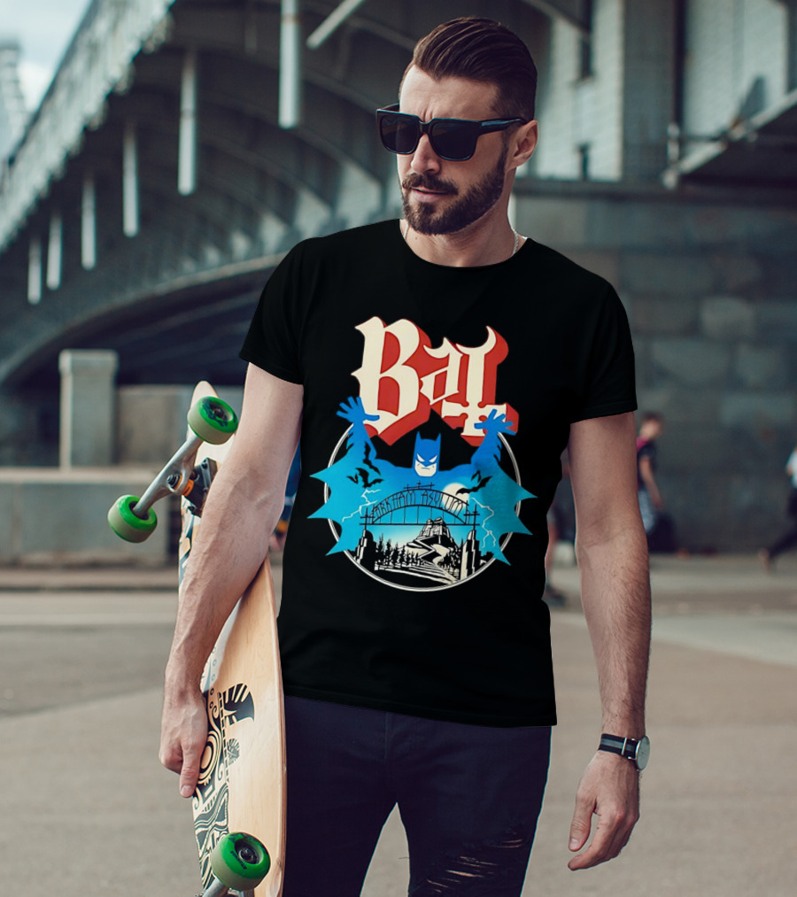 Bat Gotham Asylum Blue Bat Symbol And Red Gothic Font T-Shirt