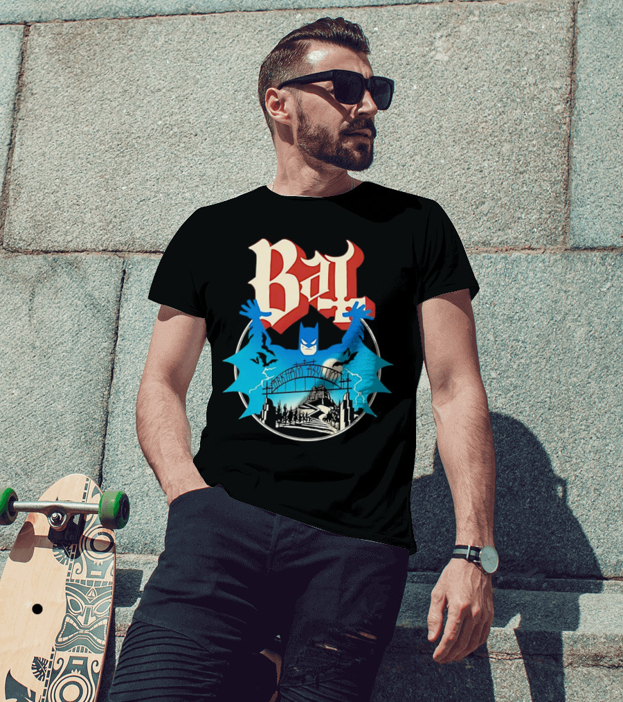 Bat Gotham Asylum Blue Bat Symbol And Red Gothic Font T-Shirt