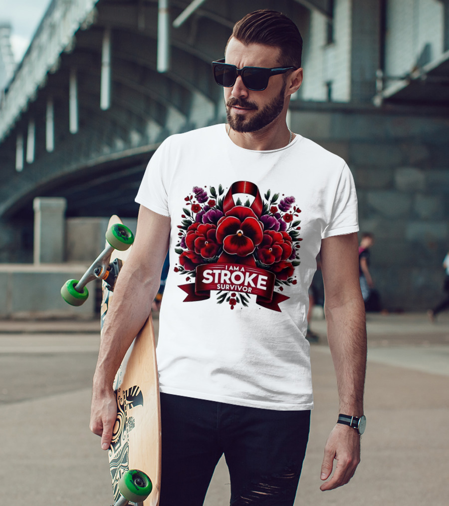 I Am A Stroke Survivor Red Ribbon And Floral Bouquet T-Shirt