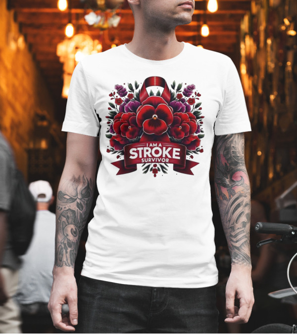 I Am a Stroke Survivor Red Ribbon and Floral Bouquet T-Shirt I Am a Stroke Survivor Red Ribbon and Floral Bouquet T-Shirt